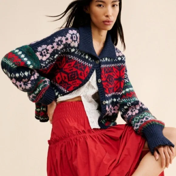 Free People Snowdrift Argyle Wool Blend Multicolor Knit Cardigan Sweater SAMPLE - Picture 2 of 9